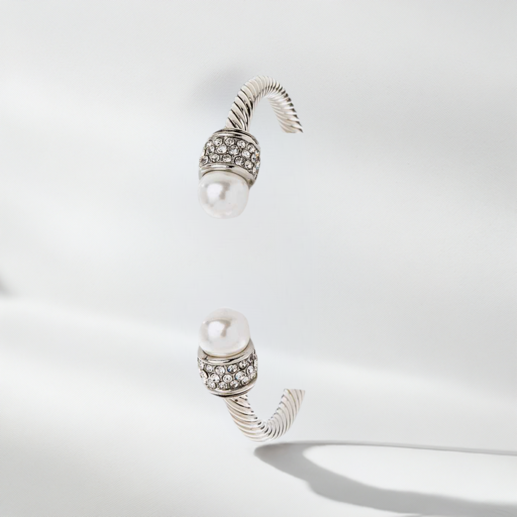 Silver Cable Twisted Cuff CZ Pearl Bracelet-M H W ACCESSORIES - M H W ACCESSORIES LLC