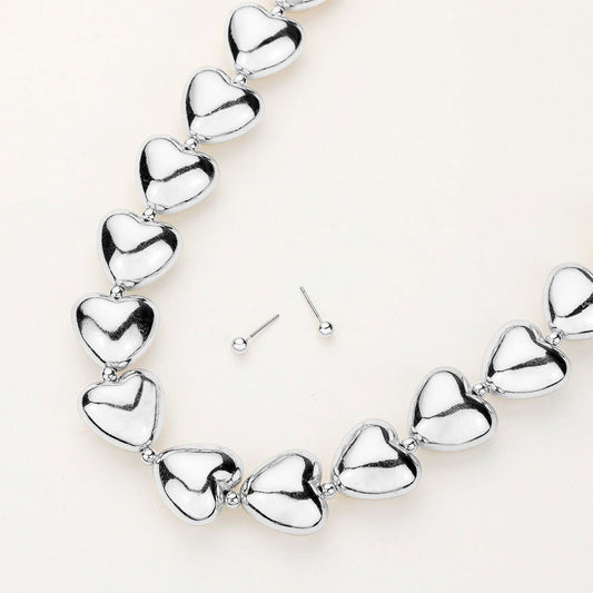 Silver Chunky Metal Heart Link Necklace - M H W ACCESSORIES LLC