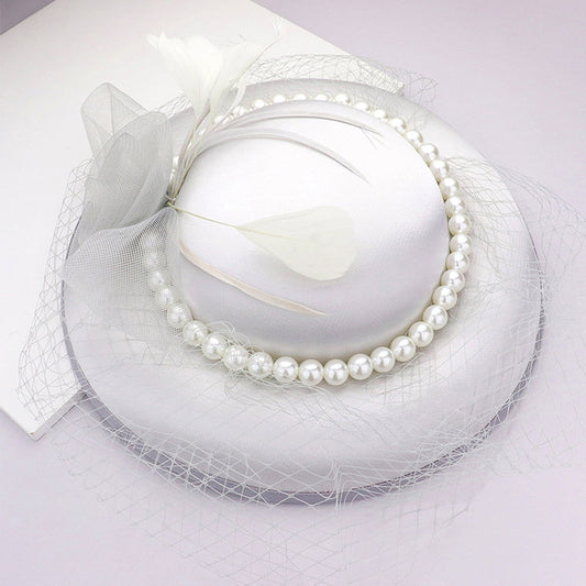 Silver Mesh Flower Feather Pearl Trimmed Fascinator / Headband - M H W ACCESSORIES LLC