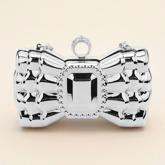Silver Metallic Bow Clutch Evening Bag / Crossbody Bag - M H W ACCESSORIES LLC