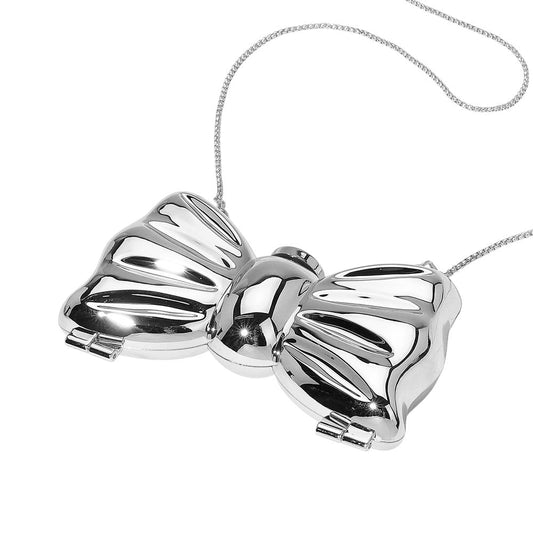Silver Metallic Compact Bow Clutch Evening Bag / Crossbody Bag - M H W ACCESSORIES LLC
