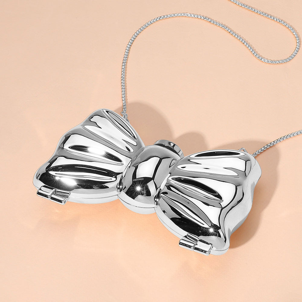 Silver Metallic Compact Bow Clutch Evening Bag / Crossbody Bag - M H W ACCESSORIES LLC