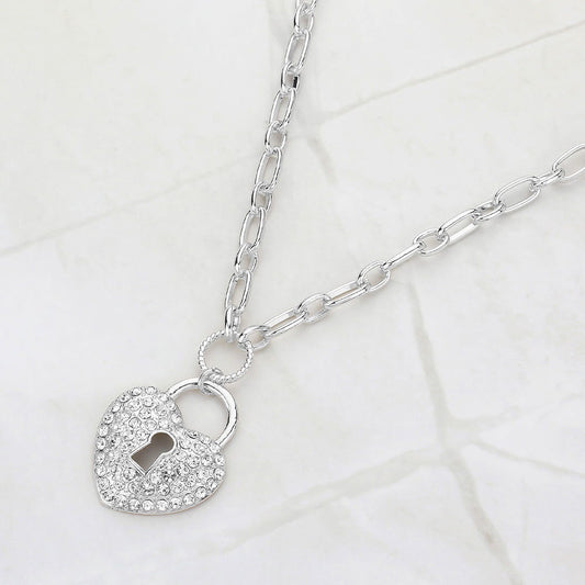 Silver Paved Heart Lock Pendant Necklace - M H W ACCESSORIES LLC