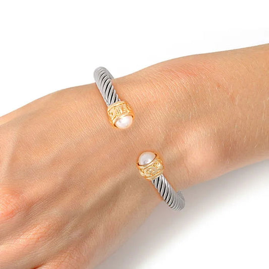 Silver Pearl Cable Cuff Bracelet- M H W ACCESSORIES - M H W ACCESSORIES LLC
