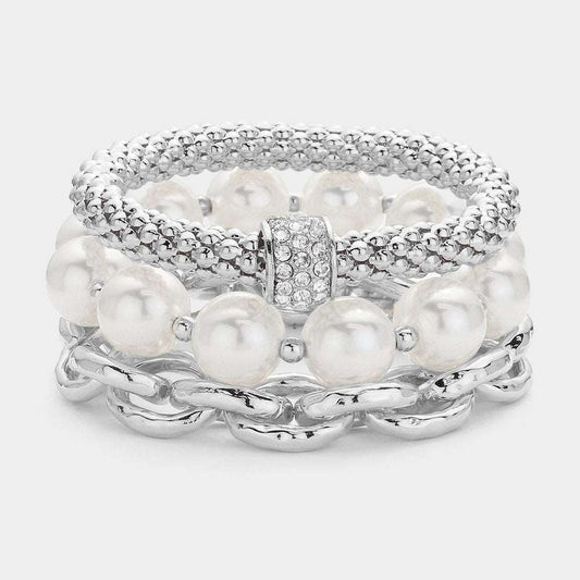 Silver Pearl Chain Stretch Layered Bracelets-M H W ACCESSORIES - M H W ACCESSORIES LLC