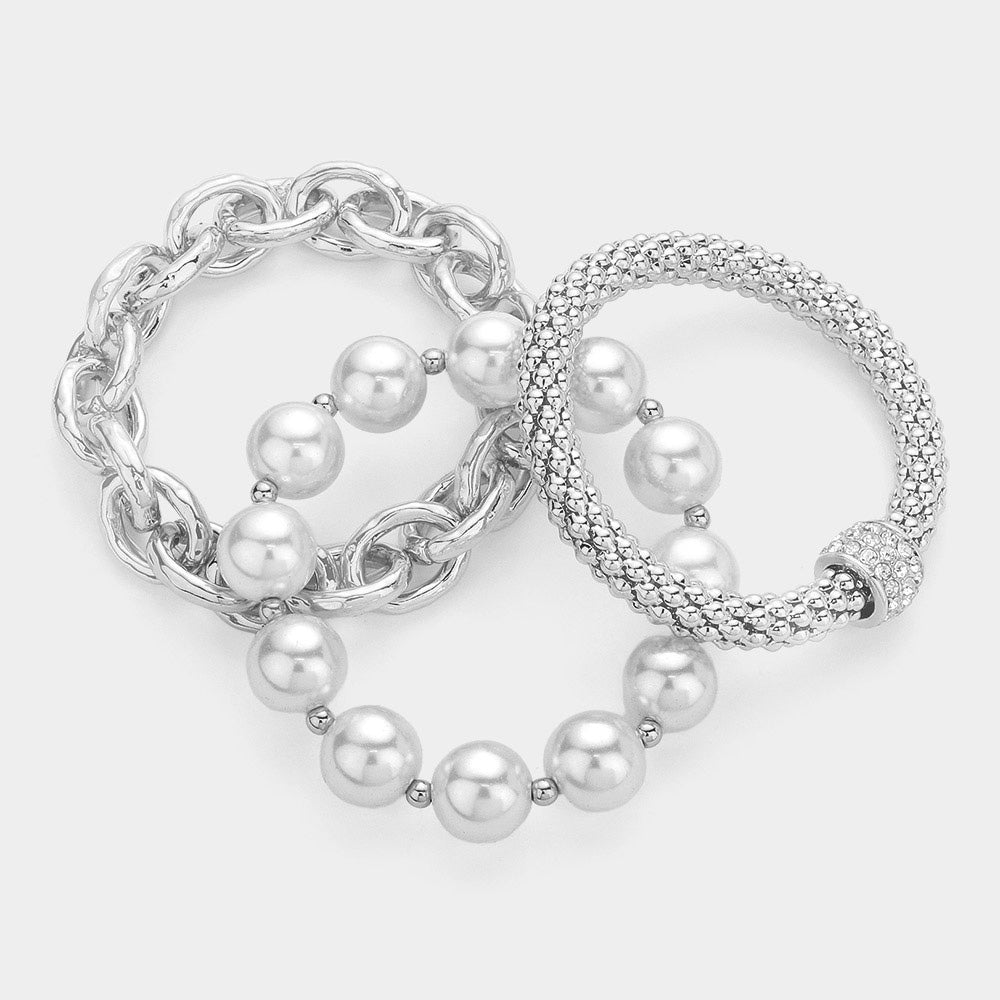 Silver Pearl Chain Stretch Layered Bracelets-M H W ACCESSORIES - M H W ACCESSORIES LLC