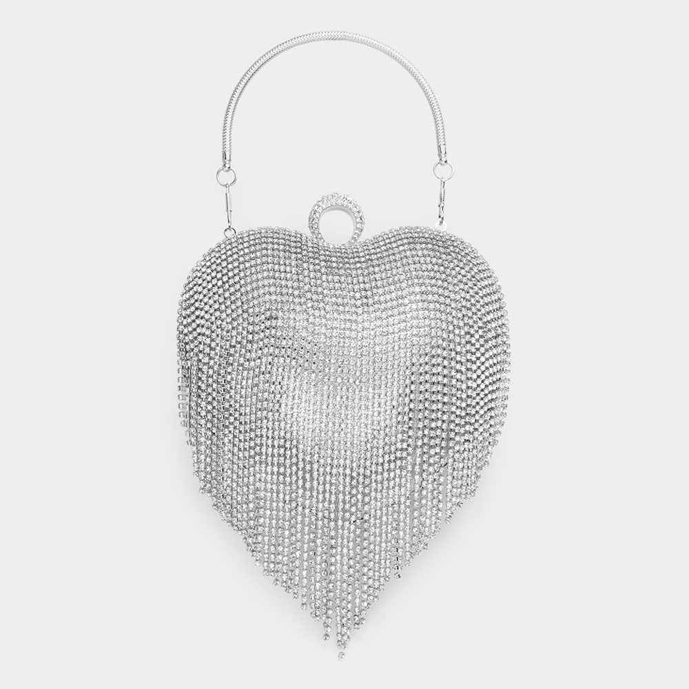 Silver Rhinestone Fringe Heart Evening Tote / Clutch / Crossbody Bag