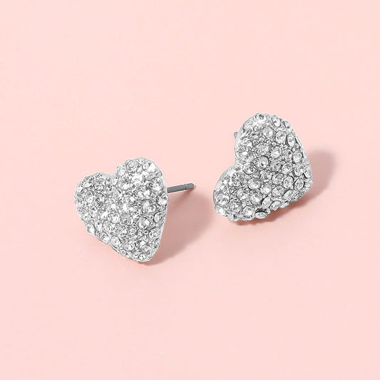 Silver Rhinestone Paved Puffy Heart Stud Earrings - M H W ACCESSORIES LLC