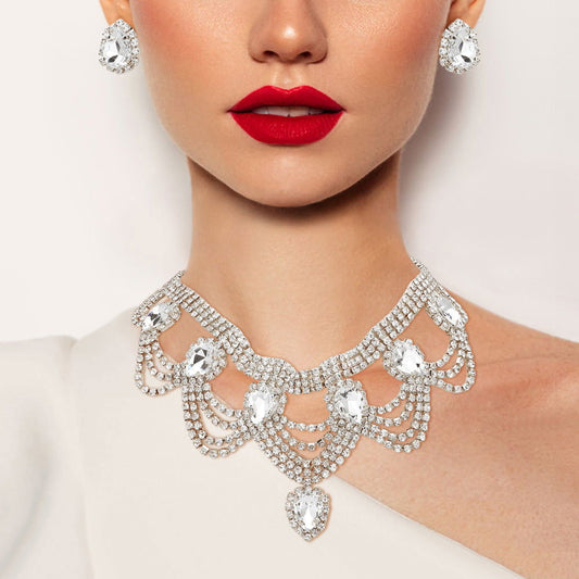 Silver Teardrop Embellished Rhinestone Paved Chandelier Evening Choker Necklace - M H W ACCESSORIES LLC