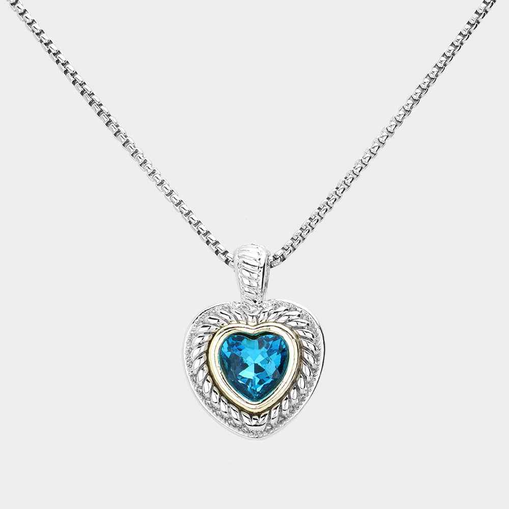Silver Turquoise Heart CZ Pendant Necklace-M H W ACCESSORIES