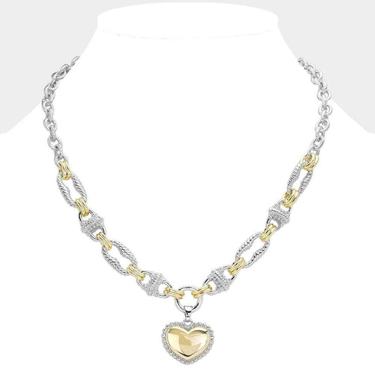Silver and Gold Metal Heart Pendant Necklace