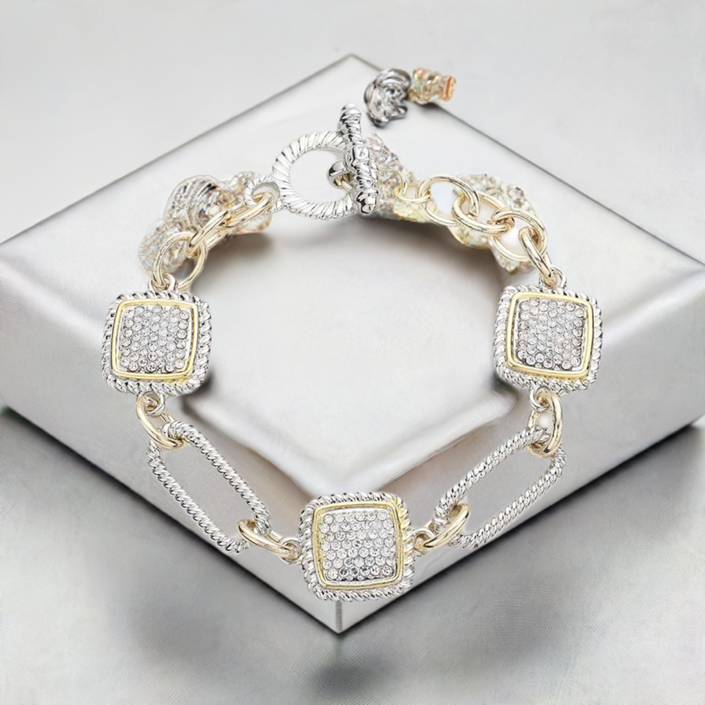 Silver and Gold Rhinestone Square Toggle Bracelet- M H W ACCESSORIES - M H W ACCESSORIES LLC