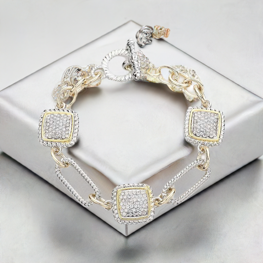 Silver and Gold Rhinestone Square Toggle Bracelet- M H W ACCESSORIES - M H W ACCESSORIES LLC