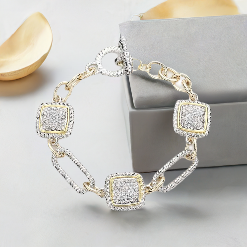Silver and Gold Rhinestone Square Toggle Bracelet- M H W ACCESSORIES - M H W ACCESSORIES LLC