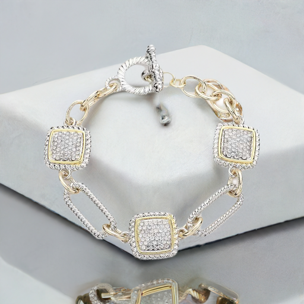 Silver and Gold Rhinestone Square Toggle Bracelet- M H W ACCESSORIES - M H W ACCESSORIES LLC