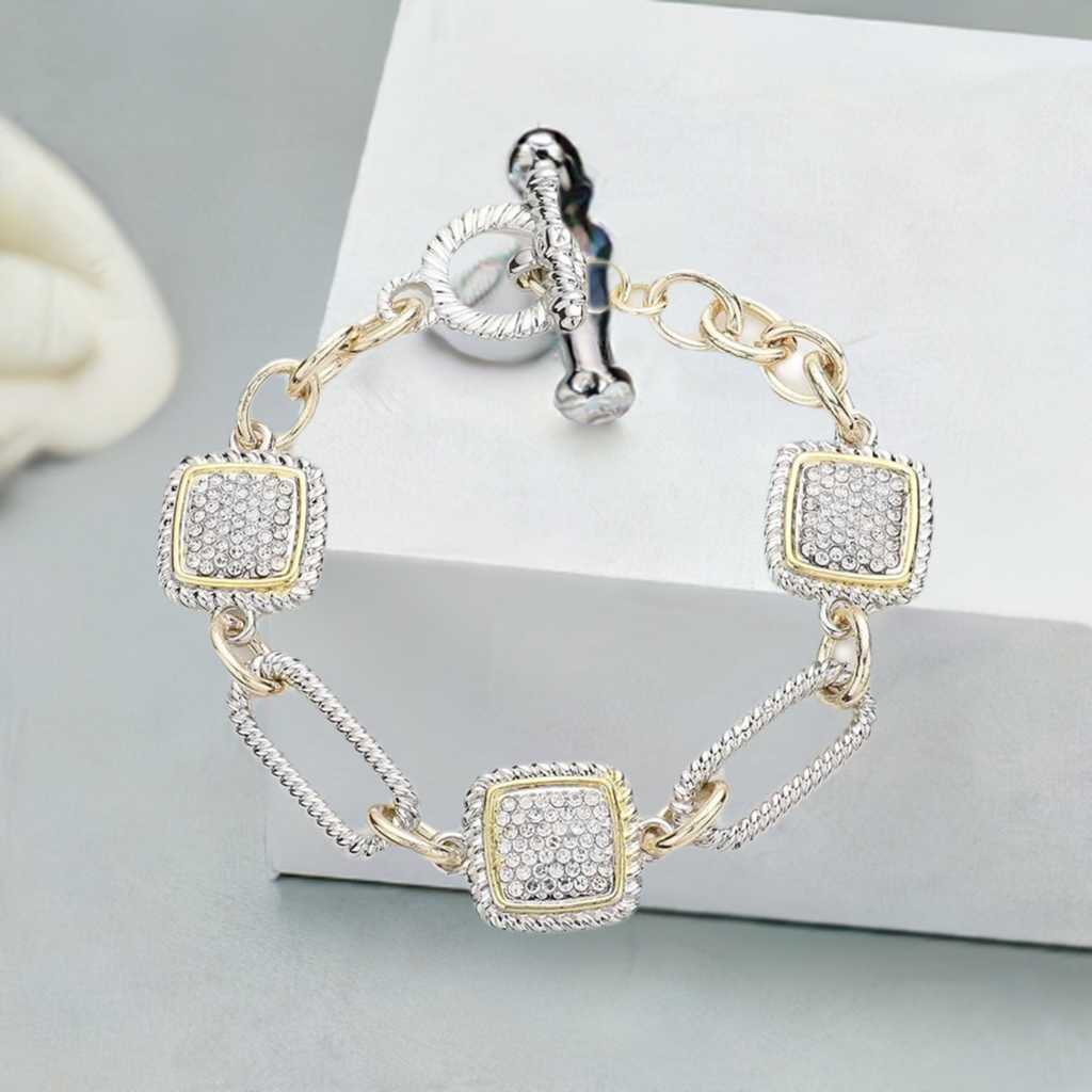 Silver and Gold Rhinestone Square Toggle Bracelet- M H W ACCESSORIES - M H W ACCESSORIES LLC