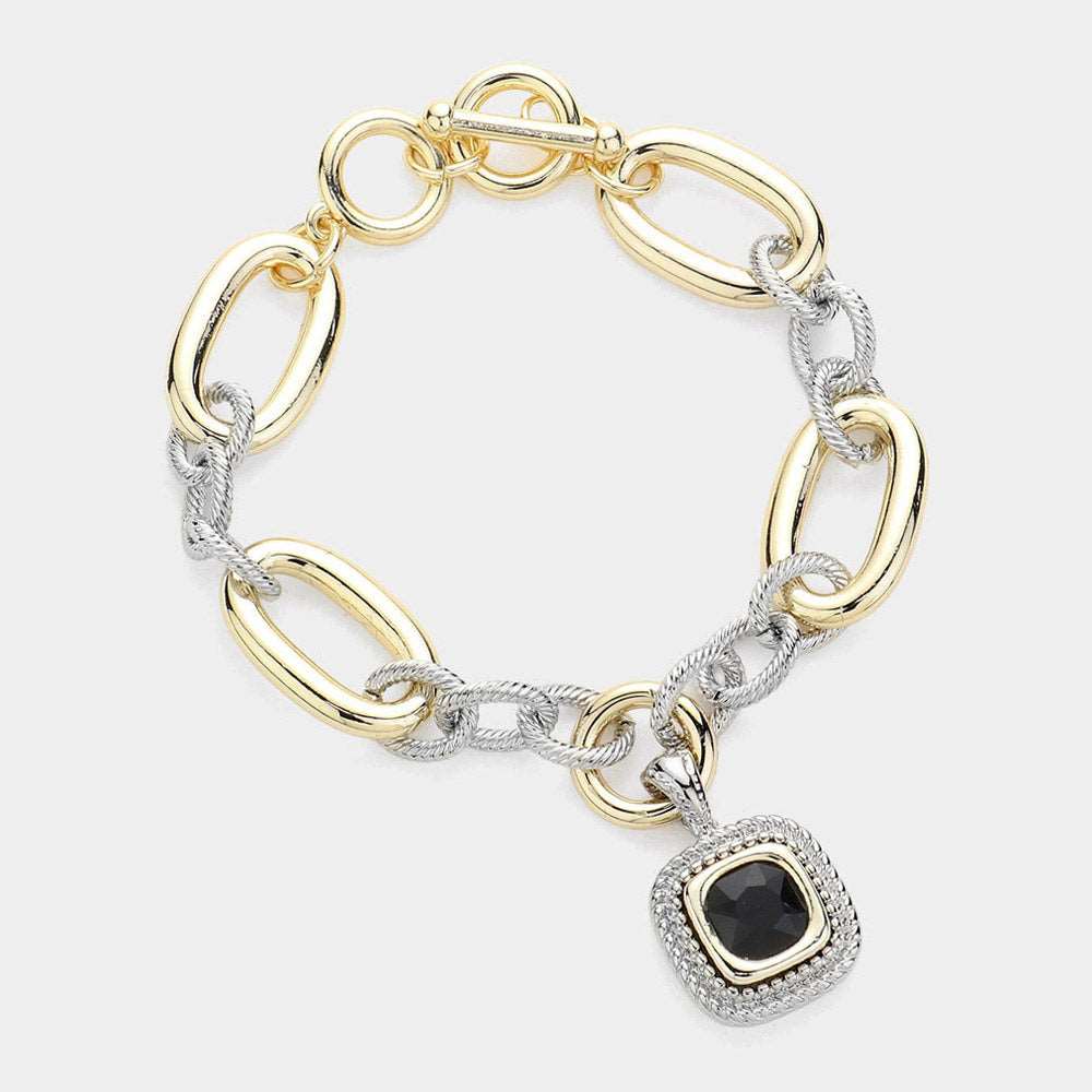 Square Stone Pointed Charm Two Tone Textured Metal Link Toggle Bracelet - M H W ACCESSORIES LLC