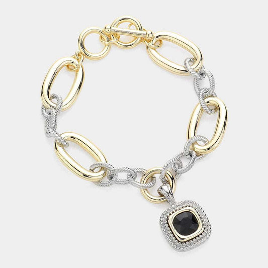 Square Stone Pointed Charm Two Tone Textured Metal Link Toggle Bracelet - M H W ACCESSORIES LLC
