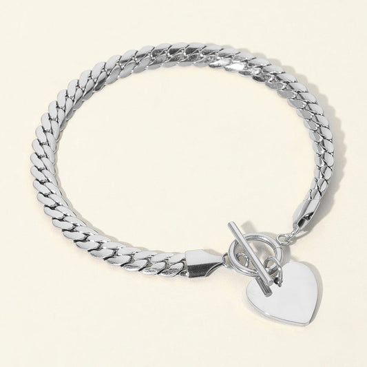 Stainless Steel Heart Charm Herringbone Toggle Bracelet - M H W ACCESSORIES LLC