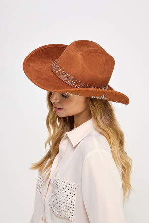 Star Studded Tan Faux Suede Fedora Hat - M H W ACCESSORIES LLC