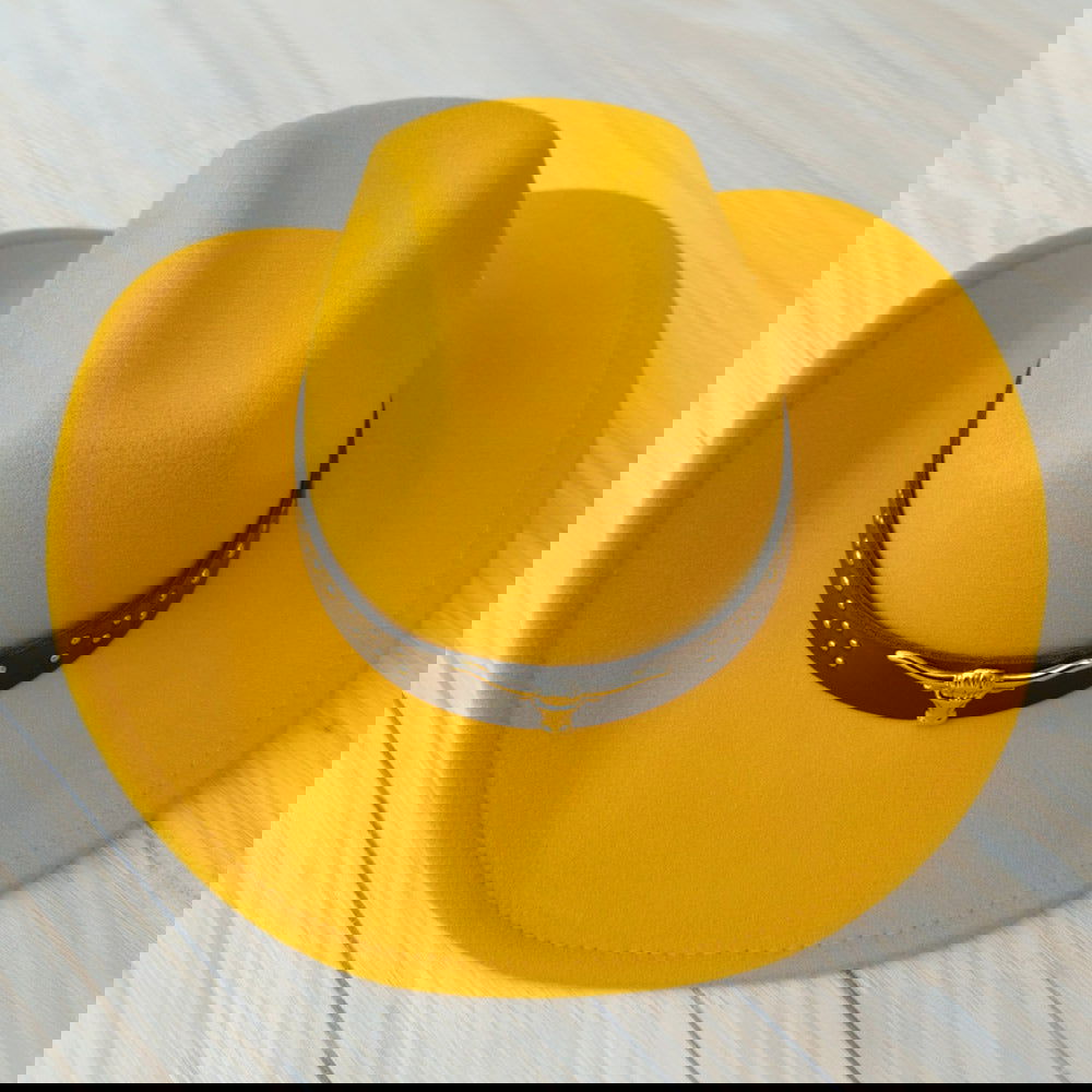 Steer Head Western Belt Pointed Gold Cowboy Fedora Hat - M H W ACCESSORIES LLC