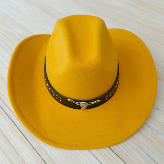 Steer Head Western Belt Pointed Gold Cowboy Fedora Hat - M H W ACCESSORIES LLC