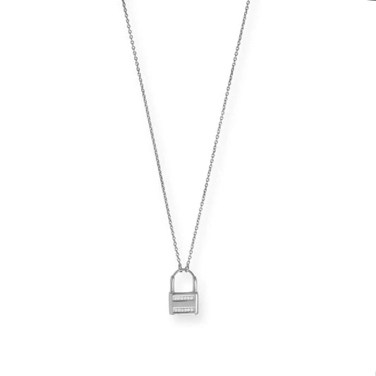 .925 Sterling Silver Cubic Zirconia Lock Necklace for Women - M H W ACCESSORIES LLC