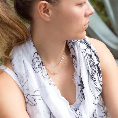 Sterling Silver 16" + 2" Rhodium Plated CZ Sideways Cross Necklace for Women - M H W ACCESSORIES LLC