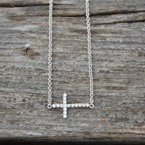 Sterling Silver 16" + 2" Rhodium Plated CZ Sideways Cross Necklace for Women - M H W ACCESSORIES LLC