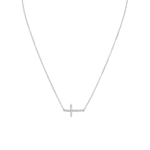 Sterling Silver 16" + 2" Rhodium Plated CZ Sideways Cross Necklace for Women - M H W ACCESSORIES LLC