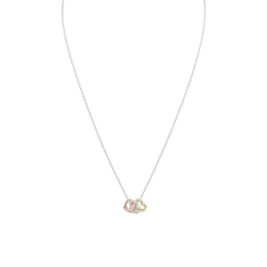 Sterling Silver 16"+2" Tri Tone Heart Necklace-M H W ACCESSORIES - M H W ACCESSORIES LLC