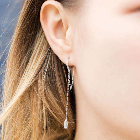 Sterling Silver CZ Hoop Earrings Chain Drop-M H W ACCESSORIES - M H W ACCESSORIES LLC