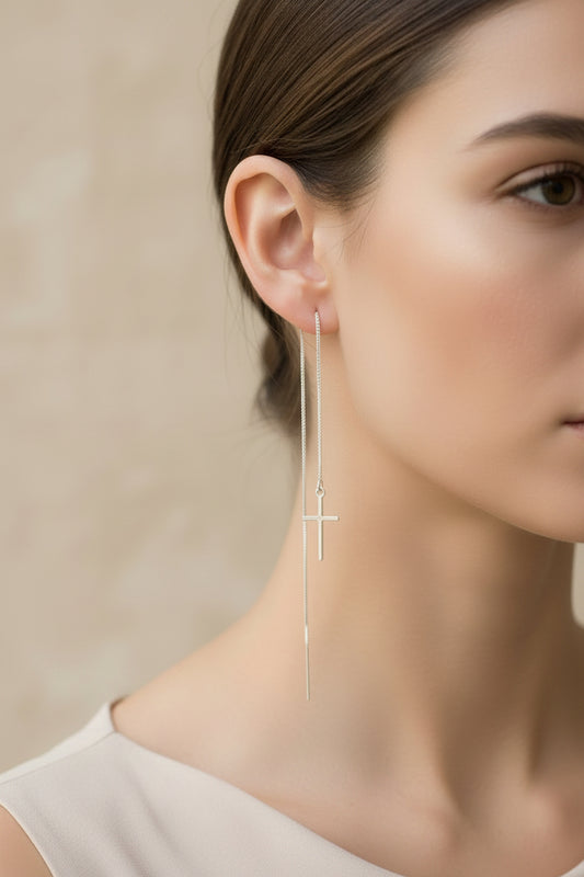 Sterling Silver Cross Threader Earrings - M H W ACCESSORIES LLC