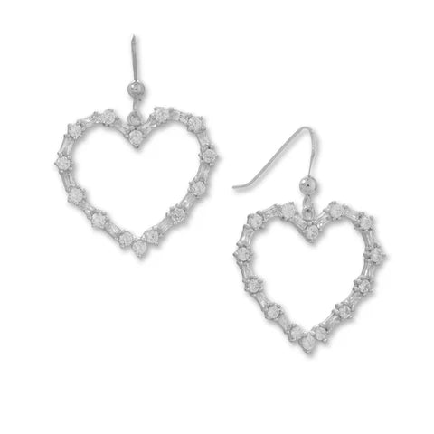 Sterling Silver Rhodium Plated CZ Heart Outline Earrings - M H W ACCESSORIES LLC
