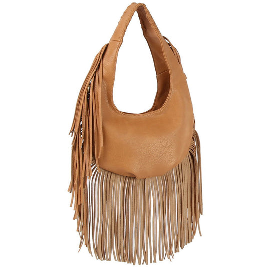 TAN PLAIN FRINGE ROUND SHOULDER BAG - M H W ACCESSORIES LLC
