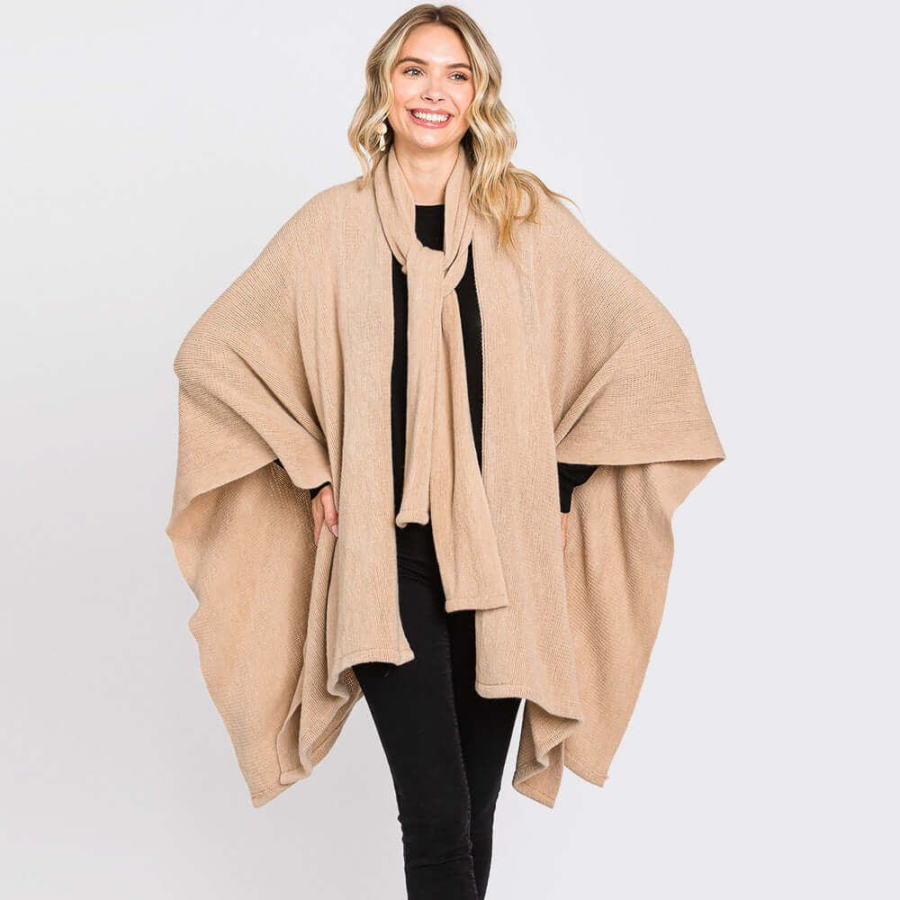 Taupe Attached Scarf Solid Cape Poncho with Neckline Tie - M H W ACCESSORIES LLC