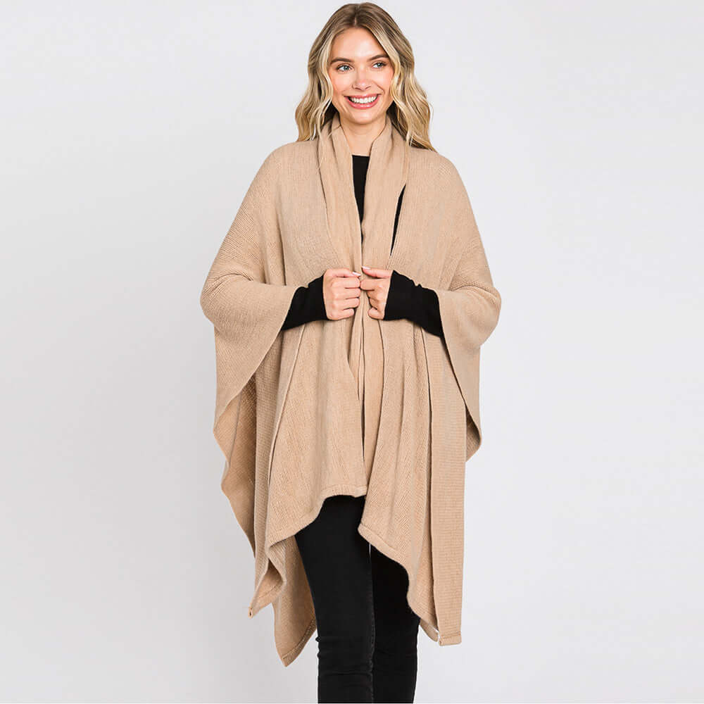 Taupe Attached Scarf Solid Cape Poncho with Neckline Tie - M H W ACCESSORIES LLC