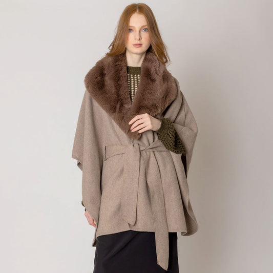 Taupe Faux Fur Collar Belted Poncho - M H W ACCESSORIES LLC