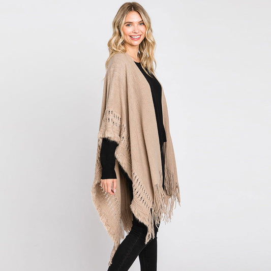 Taupe Fringe Cut Out Knit Ruana Poncho - M H W ACCESSORIES LLC