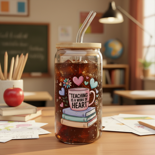 Teaching IS A Work OF Heart 16 oz glass tumbler M H W ACCESSORIES LLC Teaching IS A Work OF Heart 16 oz glass tumbler