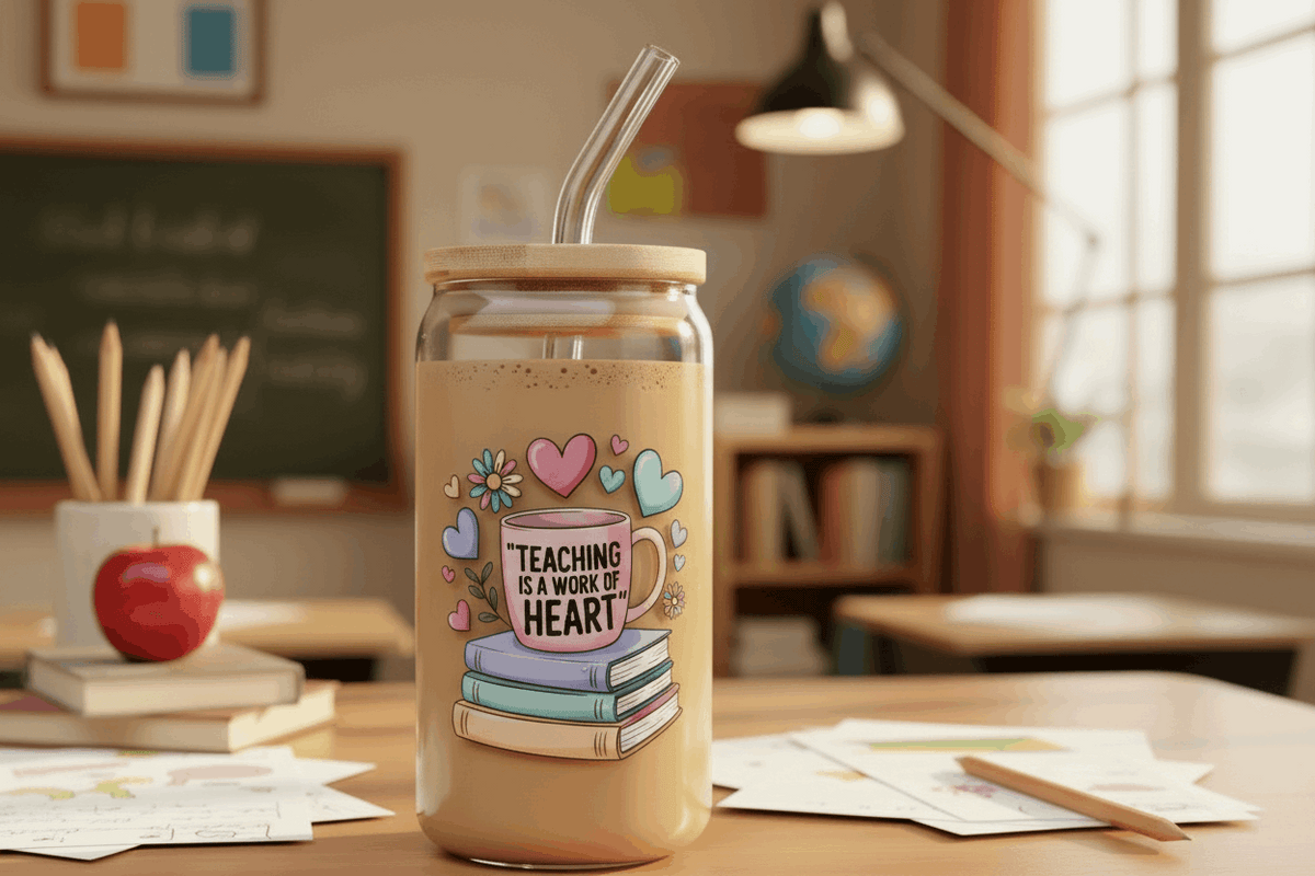 Teaching IS A Work OF Heart 16 oz glass tumbler M H W ACCESSORIES LLC Teaching IS A Work OF Heart 16 oz glass tumbler