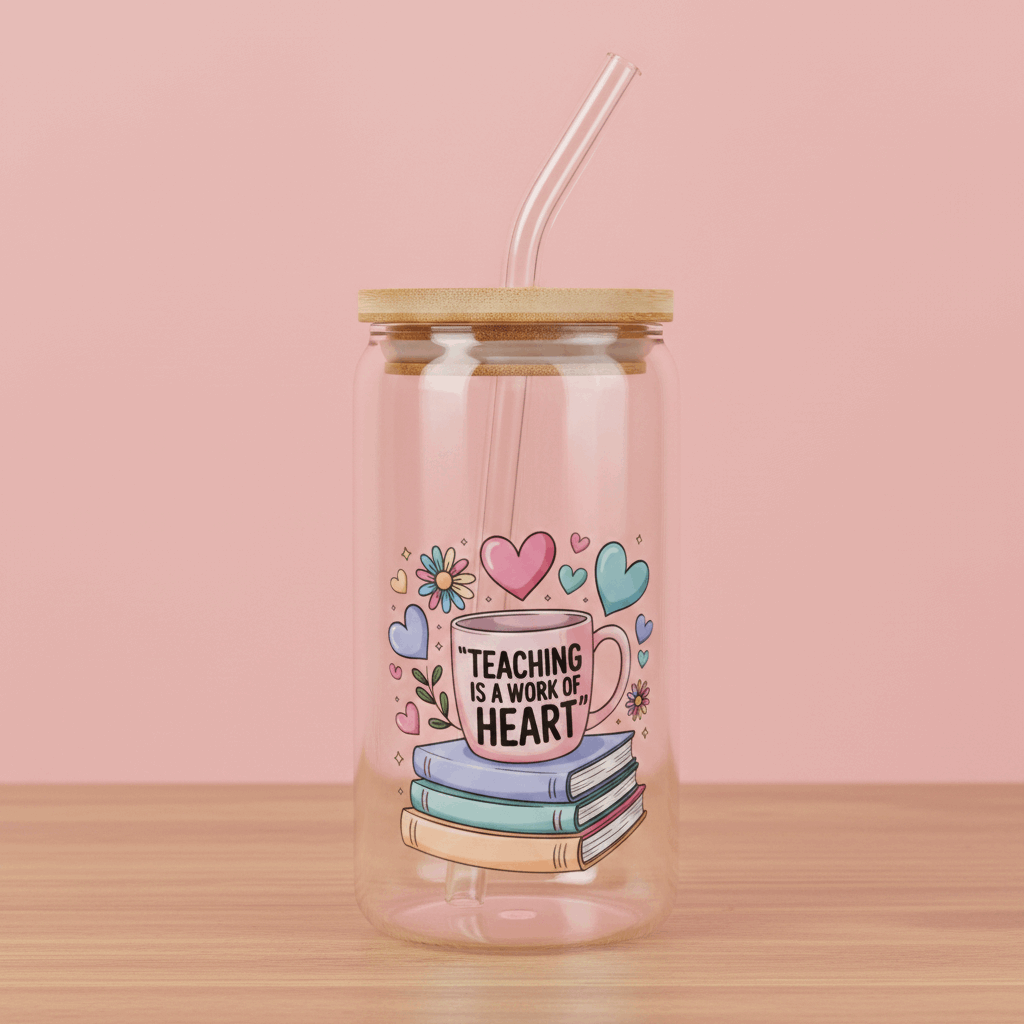 Teaching IS A Work OF Heart 16 oz glass tumbler M H W ACCESSORIES LLC Teaching IS A Work OF Heart 16 oz glass tumbler