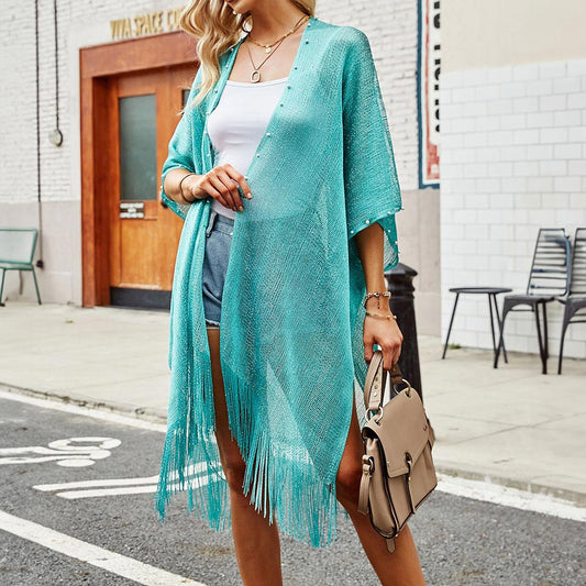 Teal Pearl Pointed Fringe Edge Kimono Poncho - M H W ACCESSORIES LLC