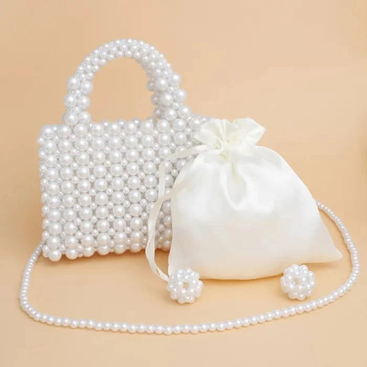 Top Handle Square White Pearl Woven Handmade Bag - M H W ACCESSORIES LLC