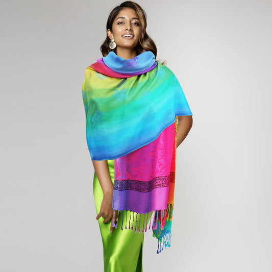 Turquoise Colorful Elephant Printed Pashmina Scarf Shawl - M H W ACCESSORIES LLC