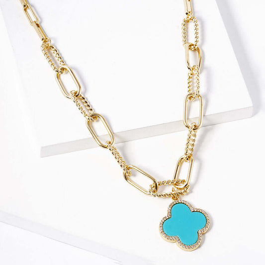 Turquoise Gold Dipped Quatrefoil Pendant Paperclip Chain Necklace - M H W ACCESSORIES LLC