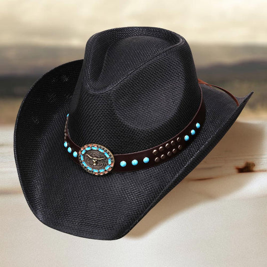 Turquoise Stone Embellished Metal Steer Head Studded Black Western Straw Cowboy Fedora Hat - M H W ACCESSORIES LLC