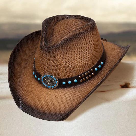 Turquoise Stone Embellished Metal Steer Head Studded Faux Leather Band Western Straw Cowboy Fedora Hat - M H W ACCESSORIES LLC