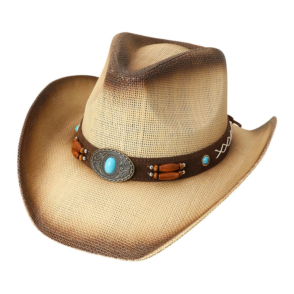 Turquoise Wooden Beaded Band Western Straw Cowboy Fedora Hat - M H W ACCESSORIES LLC