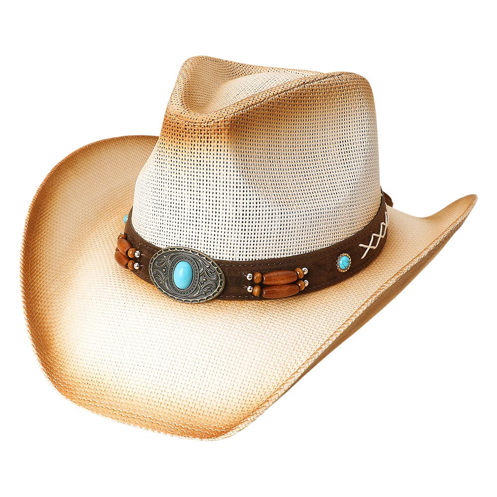 Turquoise Wooden Beaded Band Western Straw Cowboy Fedora Hat - M H W ACCESSORIES LLC